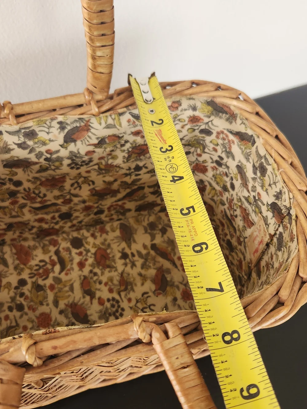 Vintage Handmade Woven Rattan Basket Tote in Natural Brown with Bird Liner